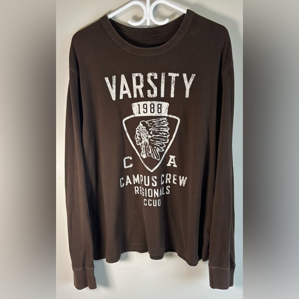 Vintage Campus Crew Mens Brown Long Sleeve Shirt Varsity Indian Chief Logo XL